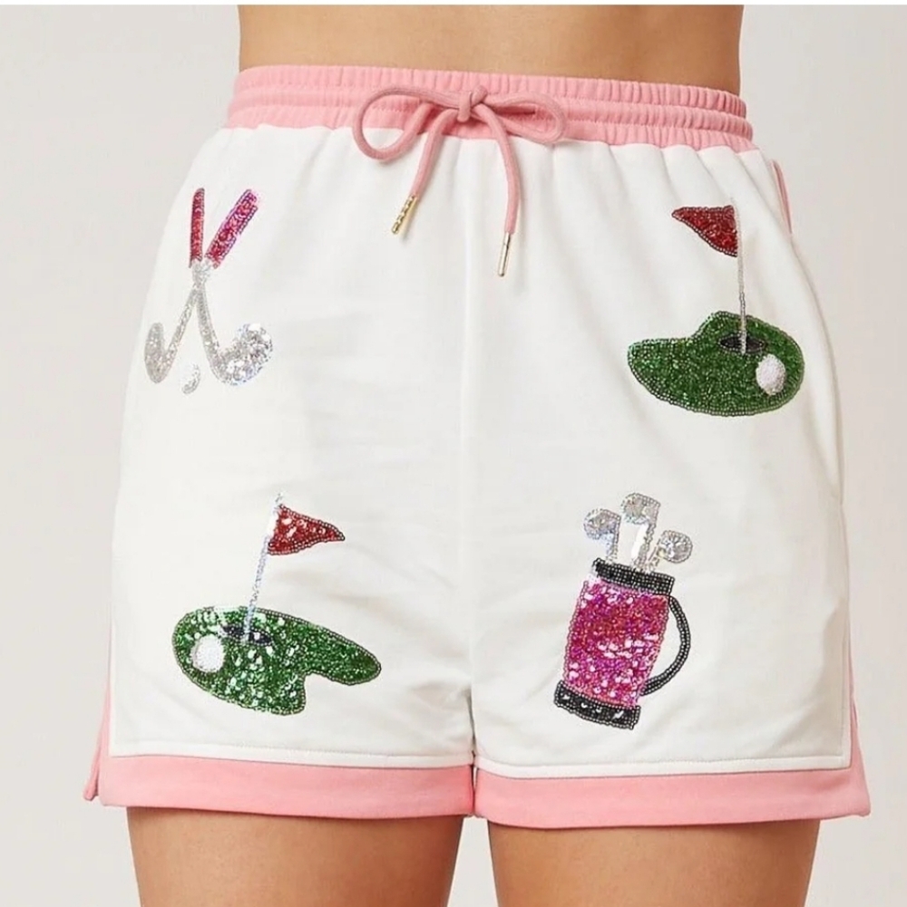 Fantastic Fawn White & Pink Golf Sequin Athletic Shorts Women's Size L